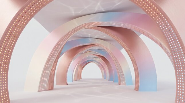 Abstract rose gold arch corridor with pastel gradient light 3D rendering background