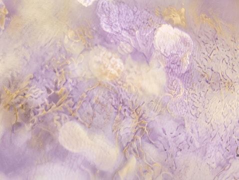 Abstract purple and beige watercolor fluid marble texture background with delicate gold cracks and artistic organic stone pattern