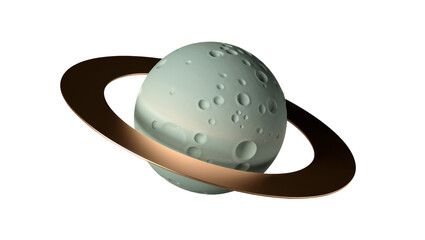 Cratered pale green planet with a metallic bronze ring, isolated on transparent background © Cian