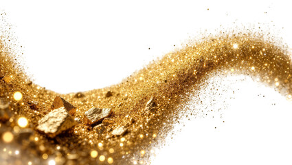Fototapeta premium Golden sand and sparkling glitter dust, isolated on transparent background