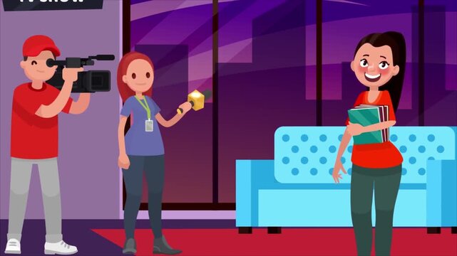 Television crew interviewing a smiling female guest with books inside a modern studio set digital motion video clip