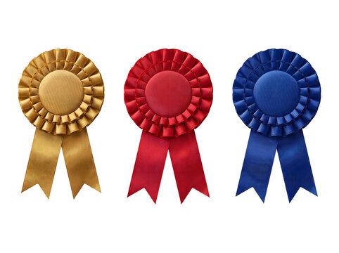 Award ribbons for first, second, and third place winners in gold, red, and blue, symbolizing achievement and recognition.