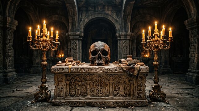 Human skull rests on an ancient stone altar between two golden candelabras in dark crypt with intricately carved stone sits atop intricately