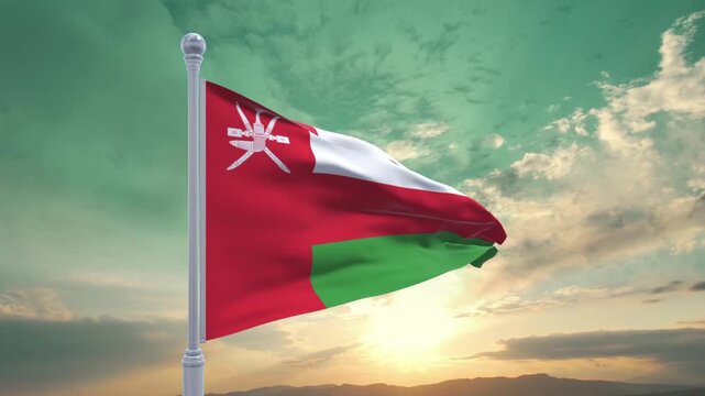 Oman Flag Waving on Flagpole Against Sunset Sky Realistic 3D Animation