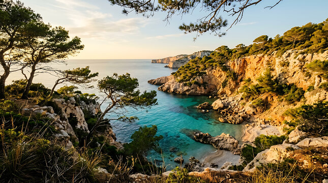 Pine trees framing turquoise cove with rocky cliffs at sunset