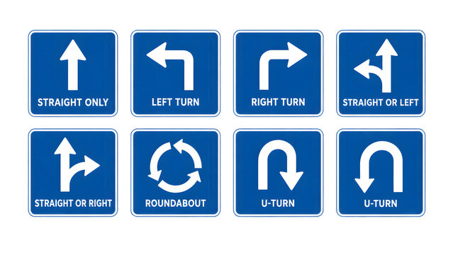 Set of blue directional road signs with arrows and English labels