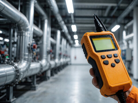 Worker holds orange handheld gas detector in industrial plant. Technician uses portable sensor for gas monitoring, safety inspection near metal pipes. Pro equipment checks air quality, detects leaks