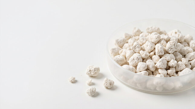A glass petri dish containing small porous bioceramic bone substitute granules and fragments on a white studio background.