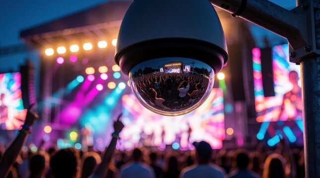 Close up of dome security camera monitoring large crowd at outdoor music festival. Night concert with bright colorful lights, stage performance. Surveillance system provides safety, protection for