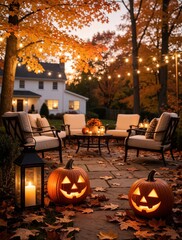 Plakat Cozy backyard patio with autumn decor at dusk. Carved jack o lantern pumpkins, lit lanterns glow on stone floor among fallen leaves. String lights hang above comfortable lounge chairs near white