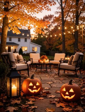 Cozy backyard patio with autumn decor at dusk. Carved jack o lantern pumpkins, lit lanterns glow on stone floor among fallen leaves. String lights hang above comfortable lounge chairs near white