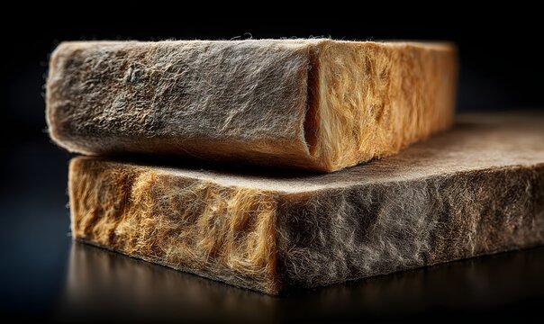 Stack of two rectangular insulation wool panels with textured surface on dark reflective table