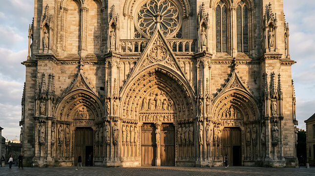 Ornate gothic cathedral facade with rose window and carved portals