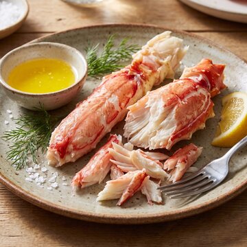 Fresh Crab Leg Meat Served with Melted Butter and Lemon on Plate