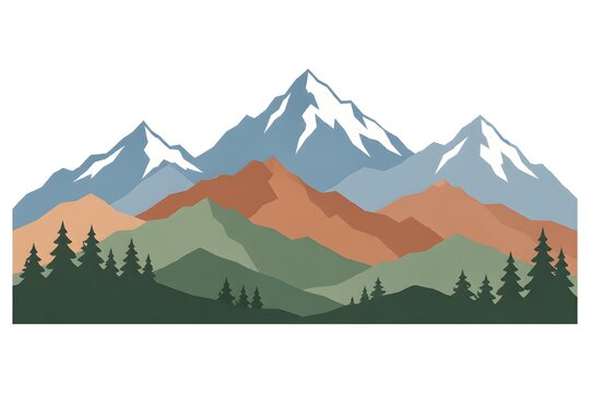 Minimalist flat illustration of layered mountain ranges with pine trees in a clean outdoor landscape composition