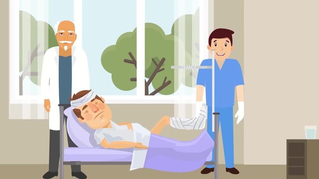 Injured patient resting in hospital bed with doctor and nurse attending animation video footage
