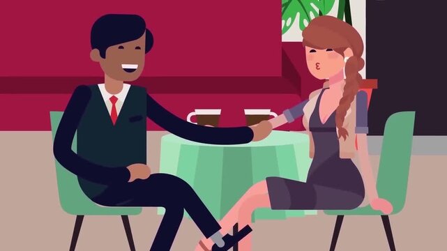 Young couple holding hands during romantic date in modern restaurant with colorful animated video clip style