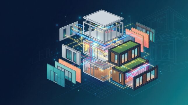 The construction of modular prefab homes. It includes details of assembly and factory built housing with modern design.