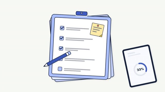 Minimalist flat productivity animation featuring a clipboard checklist, digital tablet with progress ring, and pencil.