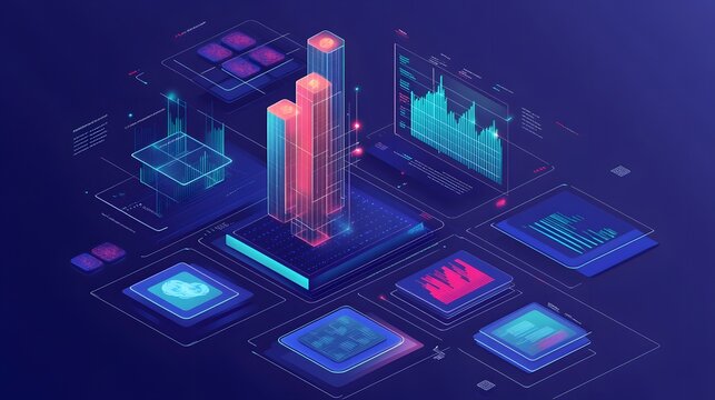 Isometric 3D data dashboard with glowing charts and bars