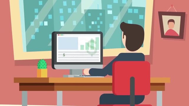 Animated business man working on computer at office desk in front of window with city view video clip