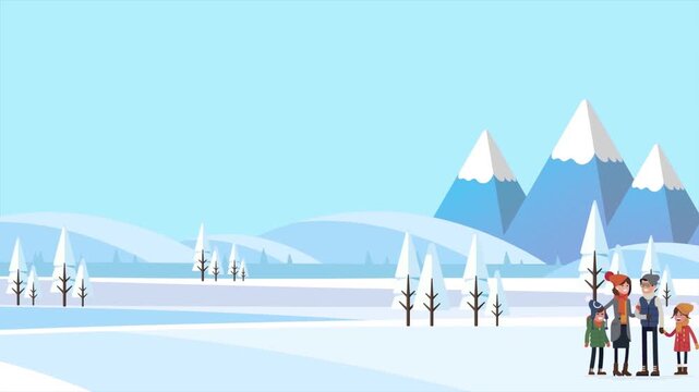 Happy family standing together in a snowy winter landscape with mountains and trees in animated video clip