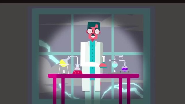 Mad scientist character performing chemistry experiments in laboratory vector cartoon motion graphics video footage