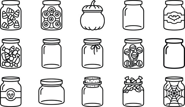 Halloween glass jars collection vector illustration featuring spooky treats and empty containers on transparent background