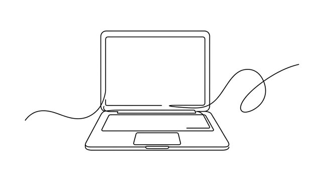 Line drawing of a laptop computer with mouse on a plain background
