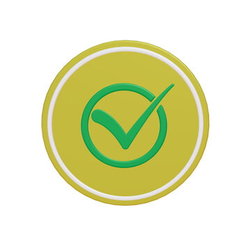Checkmark icon in a golden coin style with green tick symbol