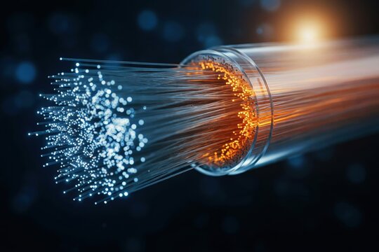 Glowing fiber optic cables transmitting data with bright light effects in dark space. High-speed telecommunications concept for technology and networking graphics.