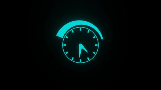 Glowing cyan clock hands sweeping clockwise inside a neon dial with a curved arc on black background