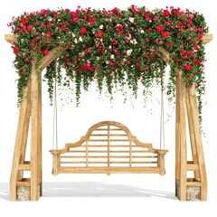 Obraz premium Wooden swing with floral canopy and vibrant flowers.