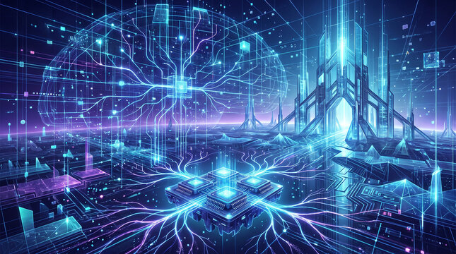 Futuristic digital brain network connecting glowing computer processors within a vast cyberspace city illuminated by bright blue neon light beams during dark night