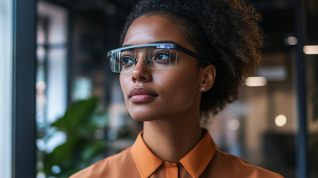 Tight close-up portrait of a visually impaired female professional wearing subtle AI-powered smart glasses in a contemporary workplace, confident natural expression, accessibility