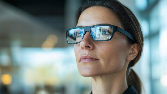 Tight close-up portrait of a visually impaired female professional wearing subtle AI-powered smart glasses in a contemporary workplace, confident natural expression, accessibility