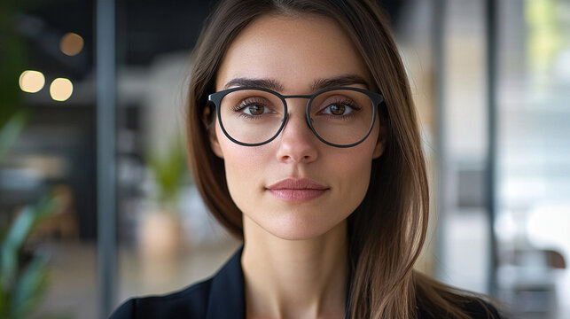 Tight close-up portrait of a visually impaired female professional wearing subtle AI-powered smart glasses in a contemporary workplace, confident natural expression, accessibility