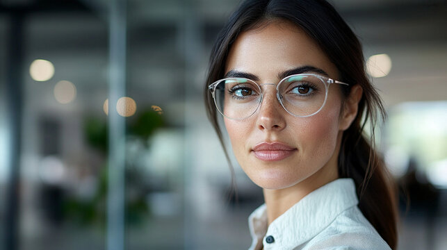 Tight close-up portrait of a visually impaired female professional wearing subtle AI-powered smart glasses in a contemporary workplace, confident natural expression, accessibility