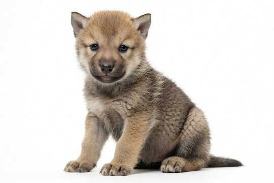 Cute wolf pup sits on white background. Small grey furry predator looks at camera. Young wild canine baby animal with soft fluff sits isolated in studio. Mammal puppy provides perfect imagery for