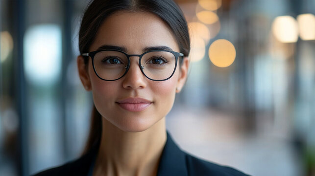 Tight close-up portrait of a visually impaired female professional wearing subtle AI-powered smart glasses in a contemporary workplace, confident natural expression, accessibility