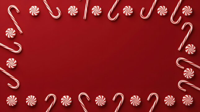Festive christmas border of candy canes and snowflakes on a red background
