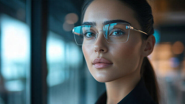 Tight close-up portrait of a visually impaired female professional wearing subtle AI-powered smart glasses in a contemporary workplace, confident natural expression, accessibility