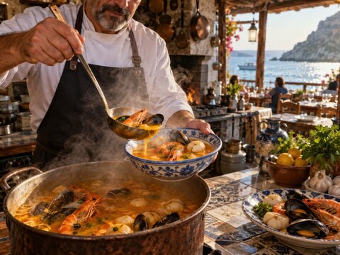 Spanischer Meeresfr&uuml;chteeintopf mit Meerblick. Ein Koch sch&ouml;pft Garnelen und Muscheln aus einem dampfenden Topf in eine Schale. Die warme Mahlzeit verbindet Urlaub und Genuss an der K&uuml;ste.
