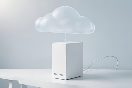 A single compact server tower beneath a translucent cloud canopy on a clean desk