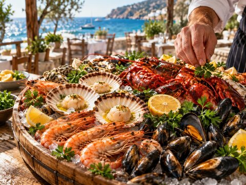 Meeresfr&uuml;chteplatte mit Garnelen und Muscheln. Ein Koch richtet die gro&szlig;e Auswahl mit Zitronen und Kr&auml;utern an. Das festliche Essen am Meer verspricht Urlaub und spanischen Genuss.