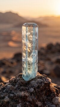 Aquamarine crystal stands vertically on a dark rock overlooking a desert landscape at sunset.