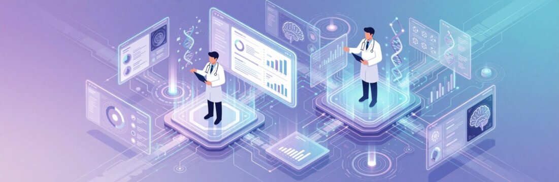 Doctors use AI technology for medical documentation, data analysis. Isometric infographic shows doctors working with digital screens, neural networks, patient reports. Smart natural language