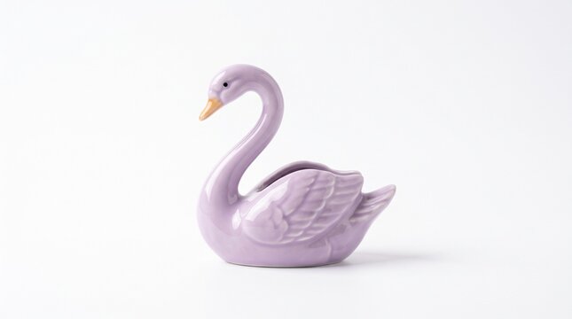 Lilac purple ceramic swan figurine isolated on white background decorative porcelain bird statue souvenir for elegant interior home room decor
