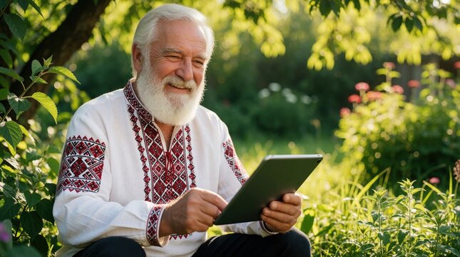 Smiling elderly man wears traditional Ukrainian vyshyvanka shirt. Mature senior sits in summer garden using digital tablet. Happy grandfather explores modern tech wearing ethnic folk clothing. Old