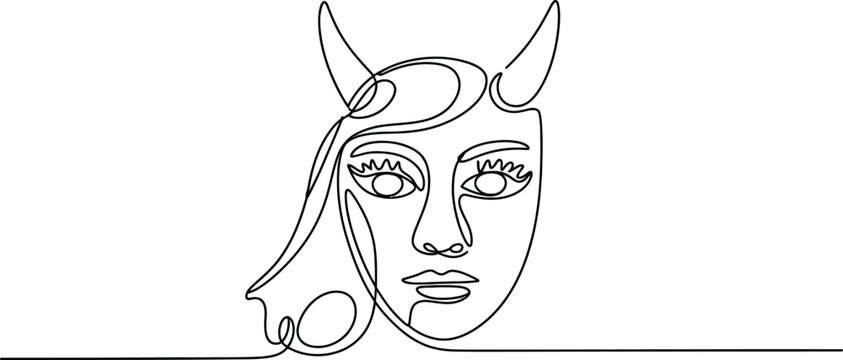 Continuous single line drawing of a woman face with devil horns in a modern minimalist style for creative fashion design and artistic illustration